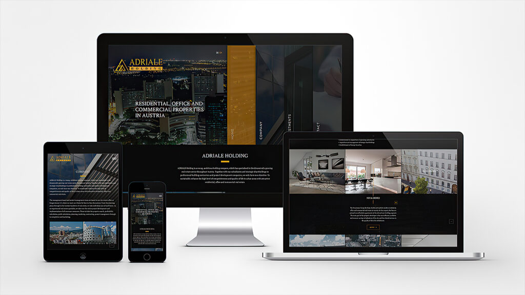 Reality marketing ukázka prodejního webu nemovitostí Adriale Holding na monitoru tabletu a telefonu