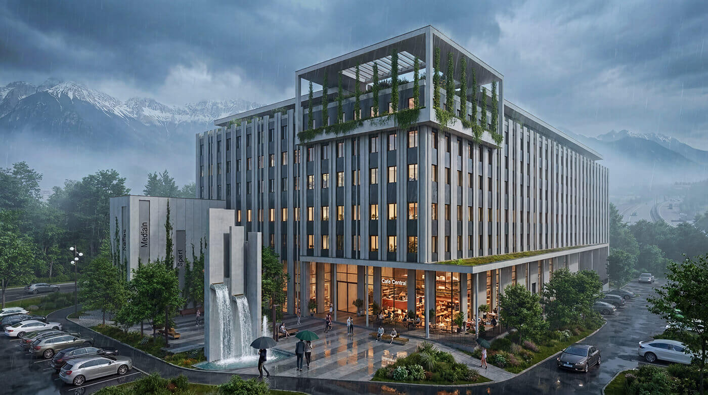 Letecká 3D vizualizace prostranství u horského hotelu v dešti s kaskádovitou kašnou, parkovištěm a mlžnými horami v pozadí.