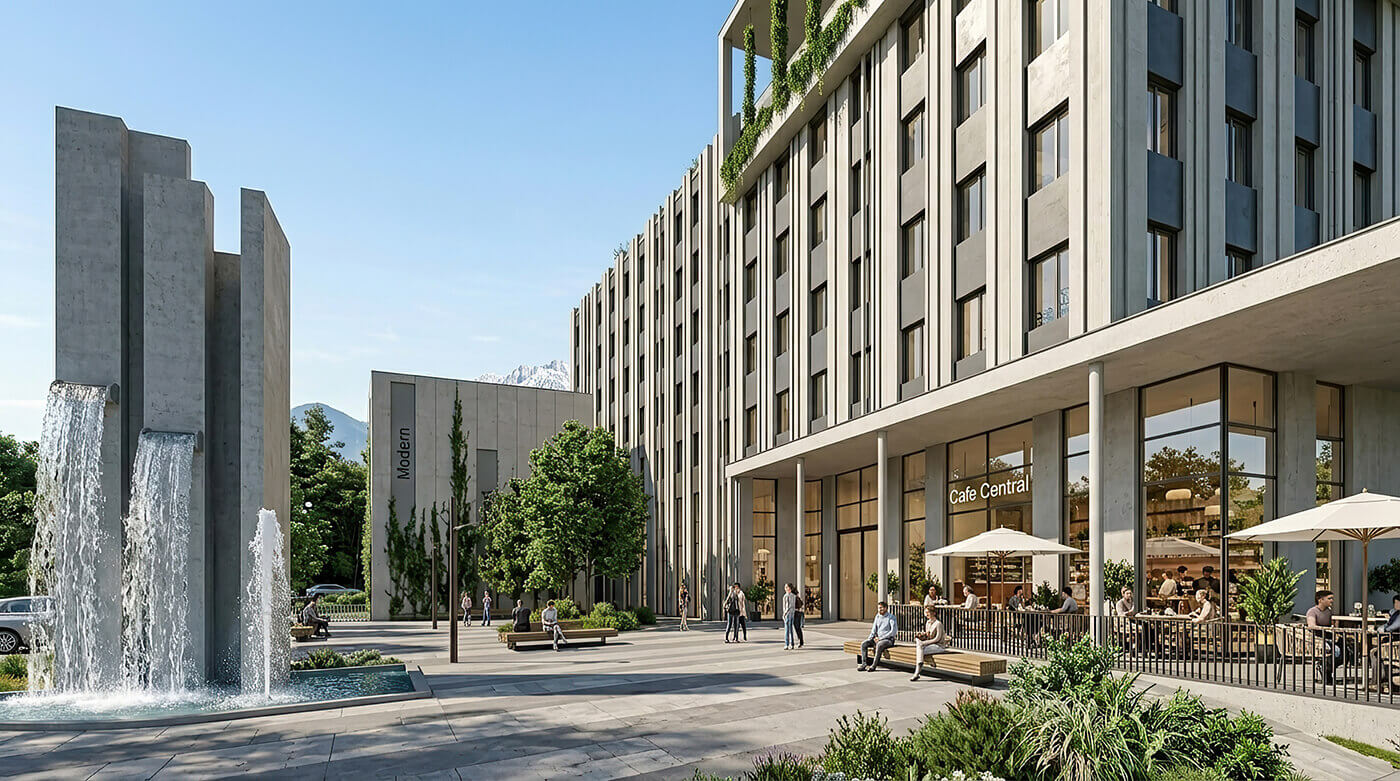 3D vizualizace kaskádovité kašny v areálu horského hotelu s lidmi odpočívajícími na lavičkách a parkovištěm v pozadí.