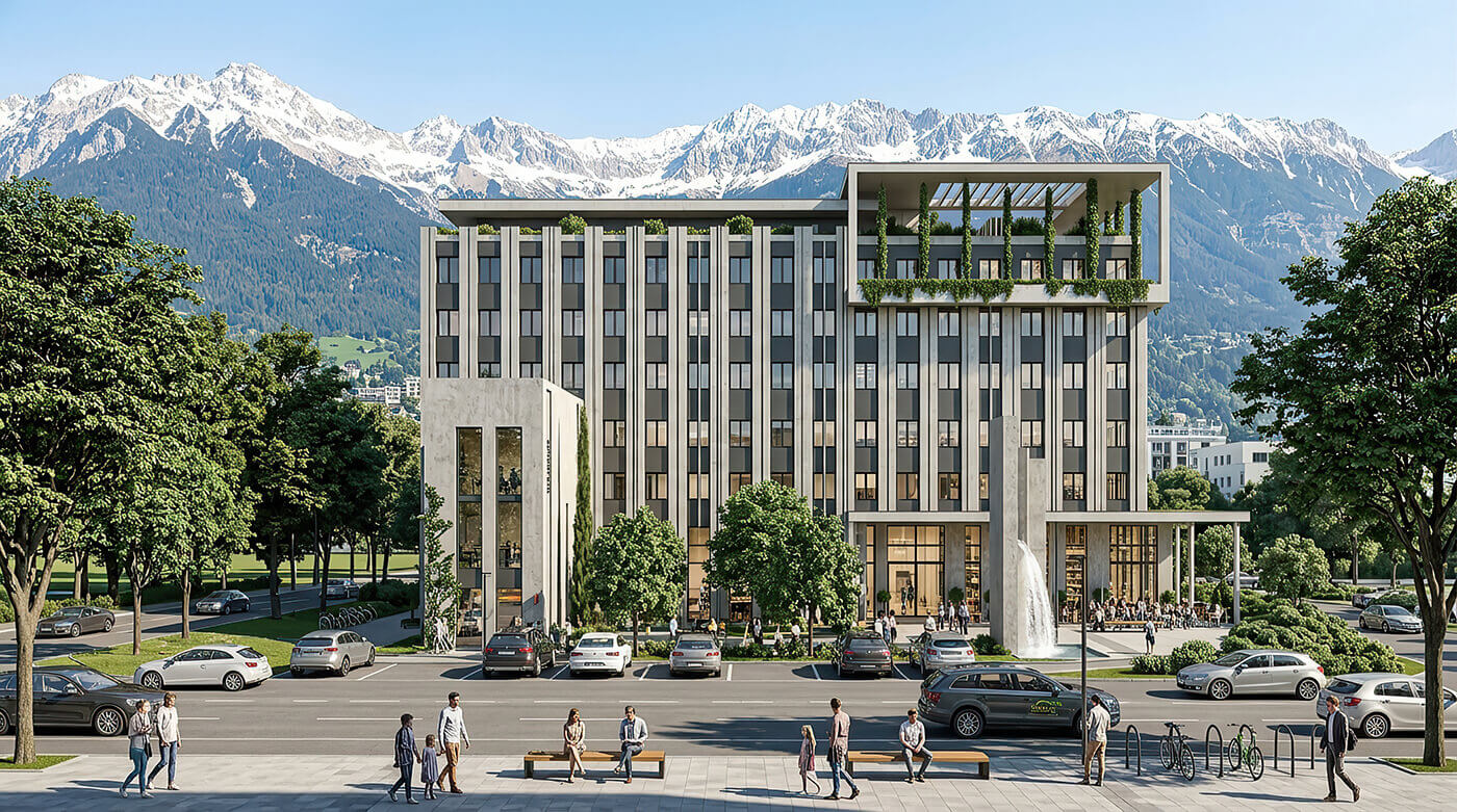 3D vizualizace čelního pohledu na moderní horský hotel v létě s lidmi, zaparkovanými auty, lavičkou a opřeným jízdním kolem.