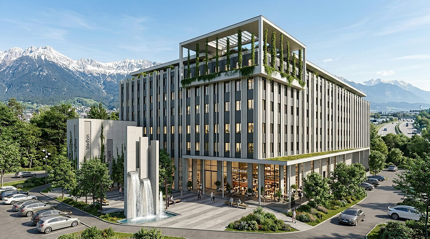 Letecká 3D vizualizace areálu horského hotelu v létě s centrální kaskádovitou kašnou, parkovištěm a okolními zelenými kopci.