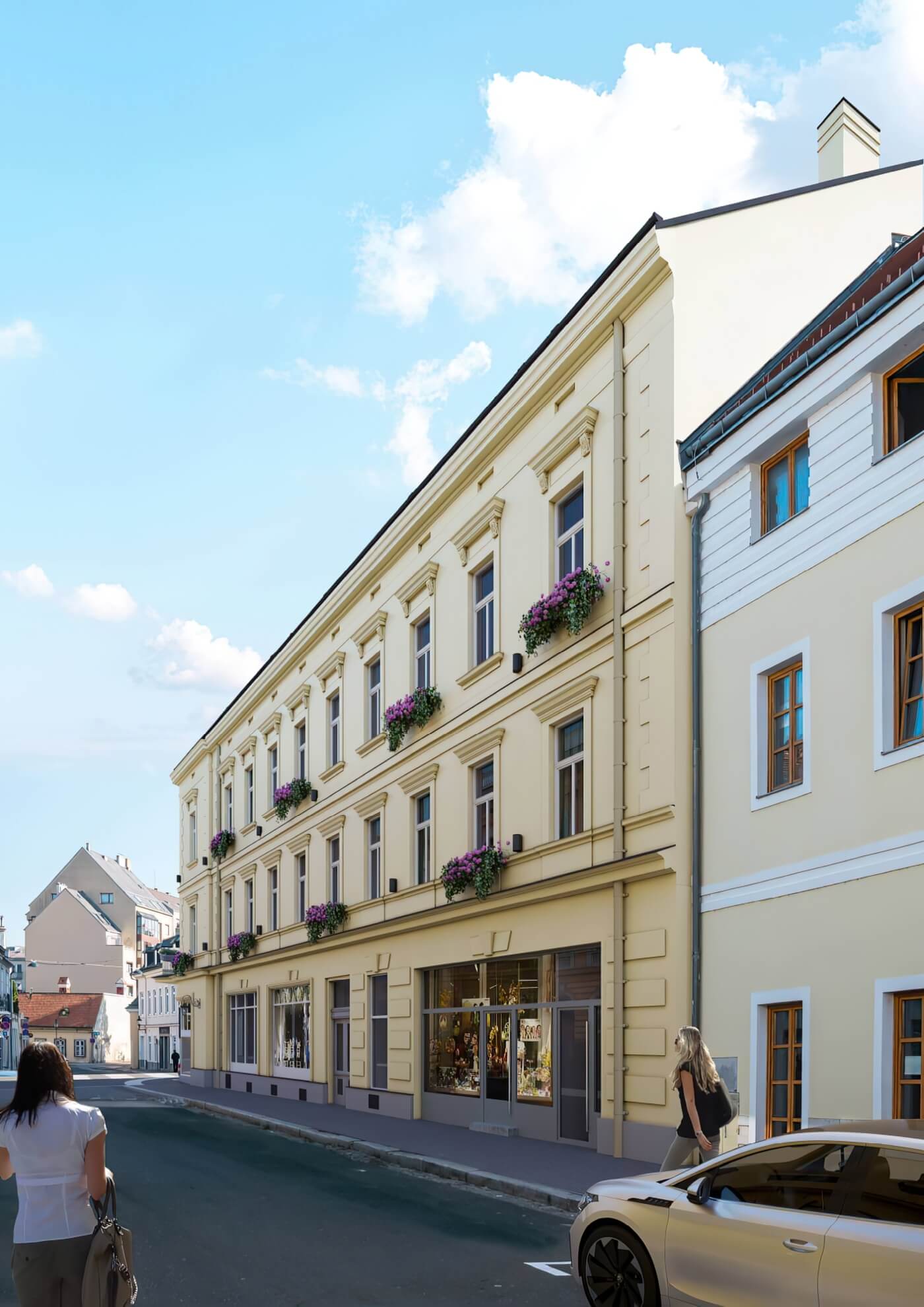 Denní 3D vizualizace moderního bytového domu s prosklenými obchody v přízemí, bílou fasádou a detaily uličního provozu.