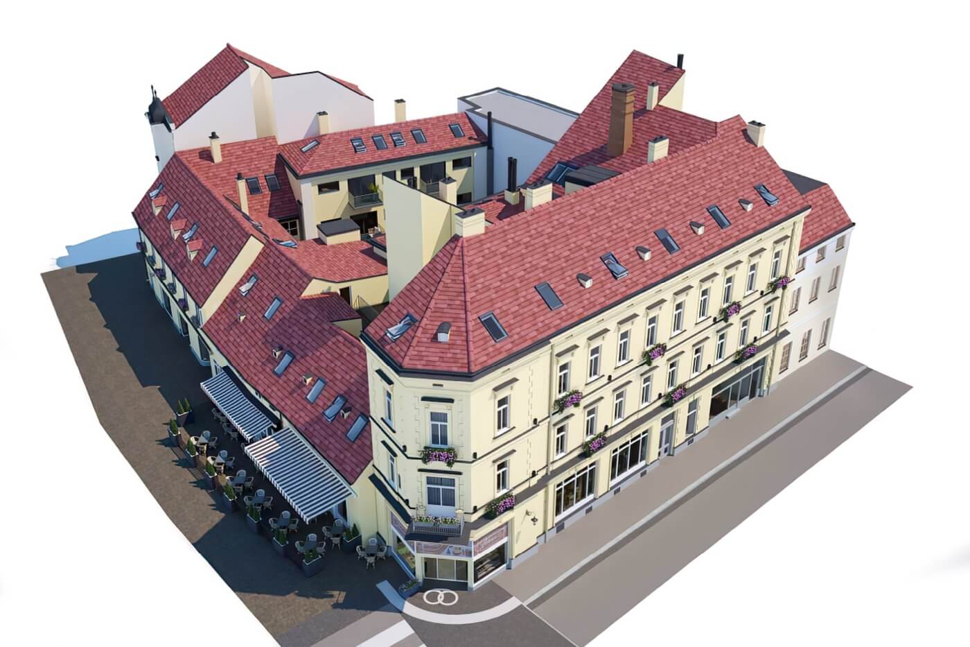 Letecká 3D vizualizace bytového domu na nároží ulice s detaily okolní zástavby, dopravy a přilehlých chodníků.