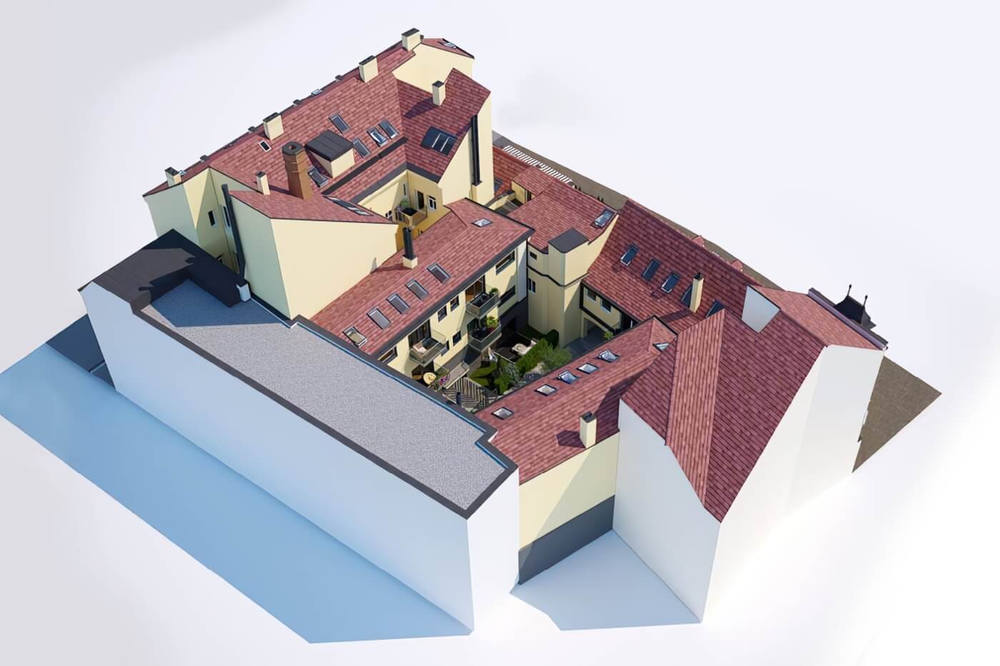 Letecká 3D vizualizace moderního bytového komplexu s členitým vnitroblokem, zelenými střechami a soukromými terasami.