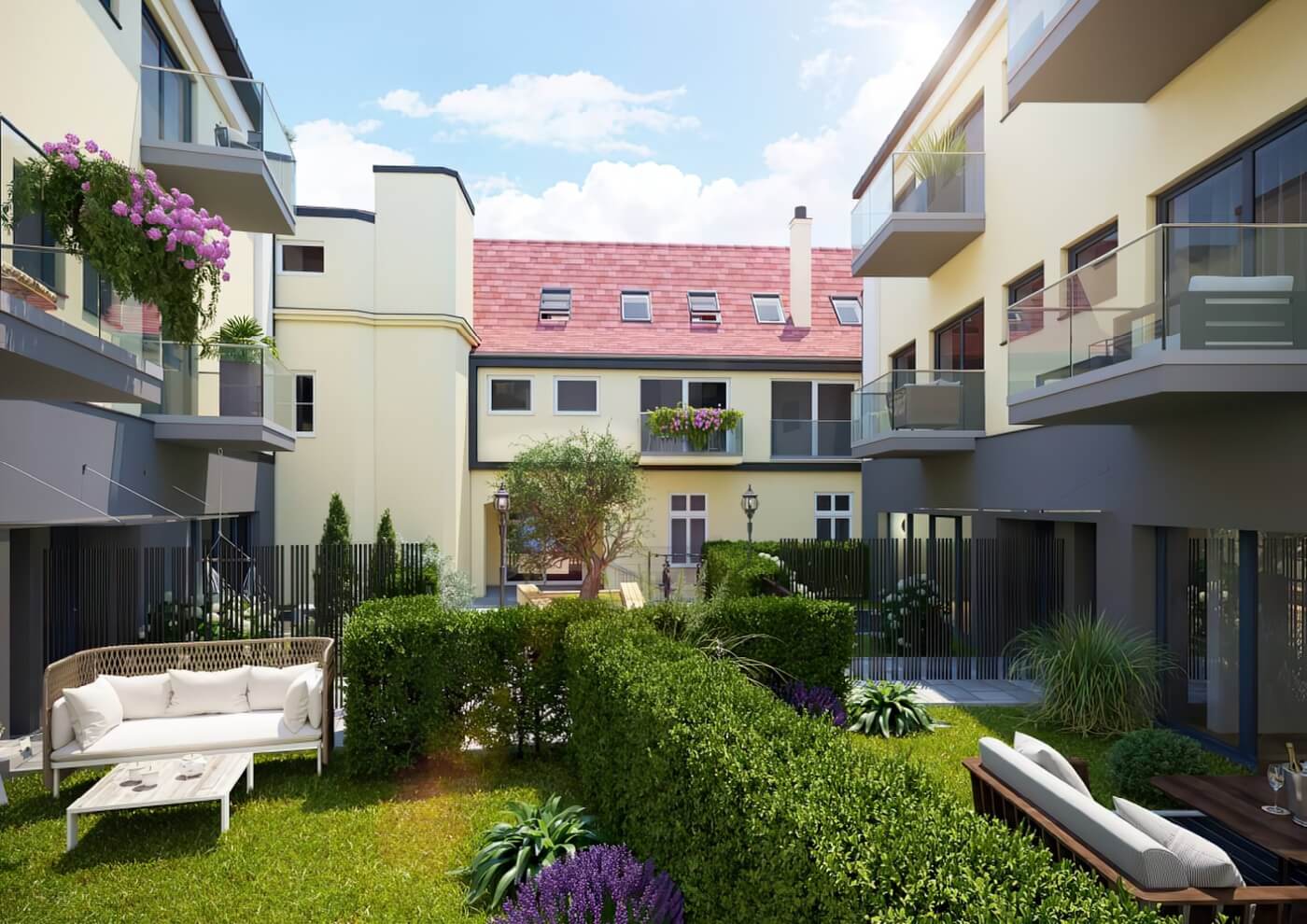 Denní 3D vizualizace vnitrobloku bytového domu s moderní zahradou, dřevěnou terasou, dětským hřištěm a vzrostlými stromy.