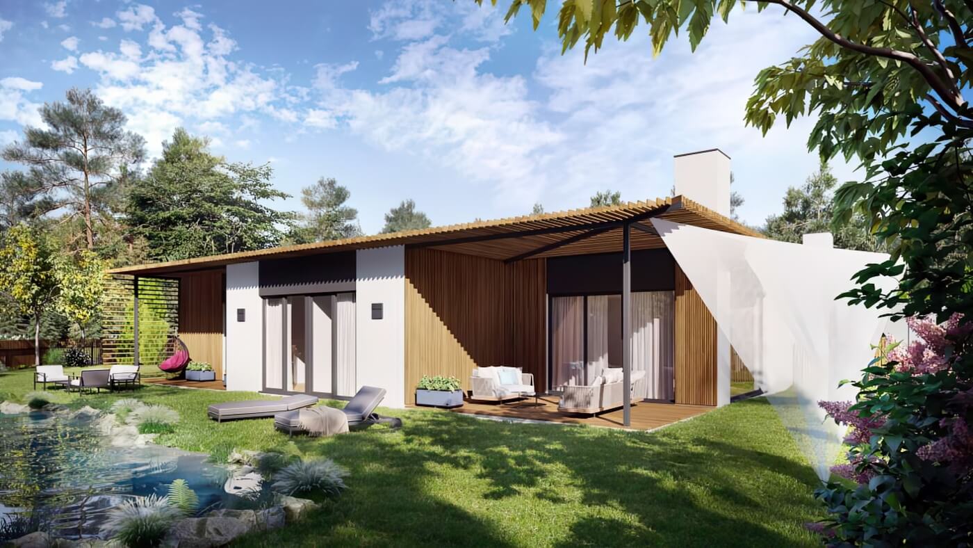 3D vizualizace moderního rodinného domu se skleněnými fasádami, obklopeného bujnou zahradou s okrasným jezírkem a kvetoucími rostlinami.