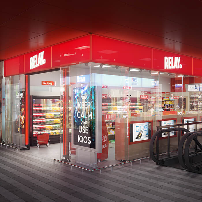 Vizualizace retail prodejny Relay v nákupním centru – reference 4F