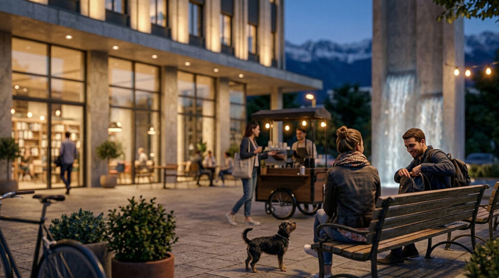 Stylizovaná vizualizace exteriéru budovy s večerní terasou a lidmi – ukázka práce 4F