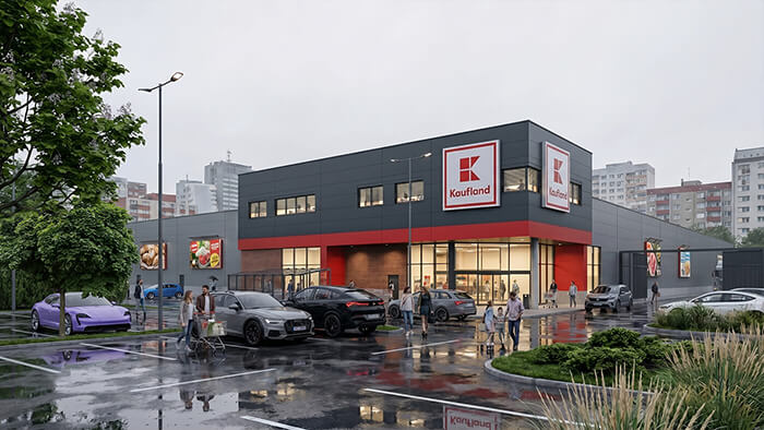 Exteriérová vizualizace supermarketu Kaufland s parkovištěm – reference 4F