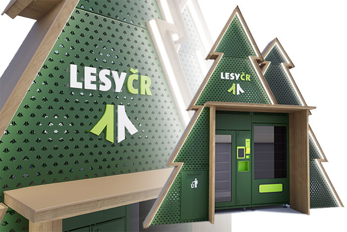 Produktová vizualizace stánku Lesy ČR ve tvaru stromku zasazeného do lesního prostředí