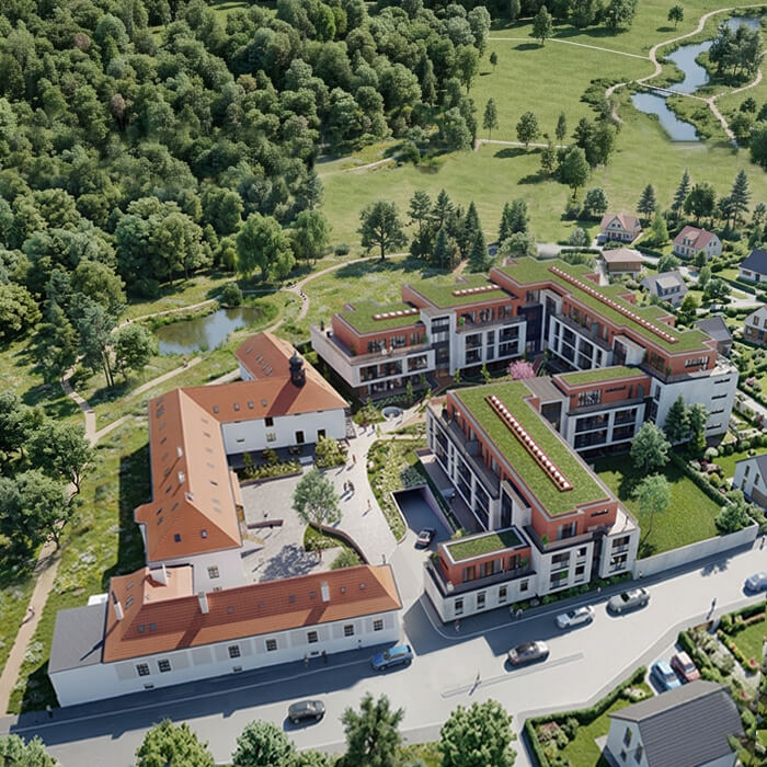 Letecký zákres developerského projektu do reálného dronu snímku za denního světla