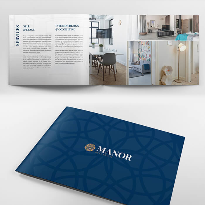 Prodejní brožura realitního projektu Manor Real Estate s ukázkami interiérů