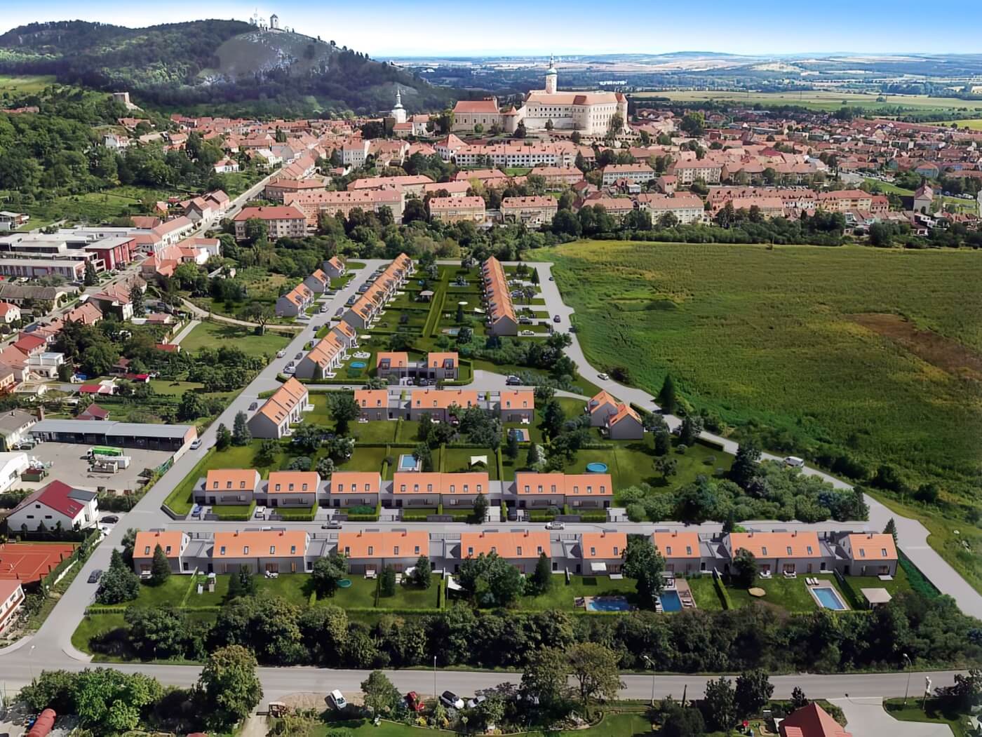Letecký 3D zákres moderního rodinného domu s bazénem do reálné krajiny s okolní zástavbou a vzrostlou zelení.