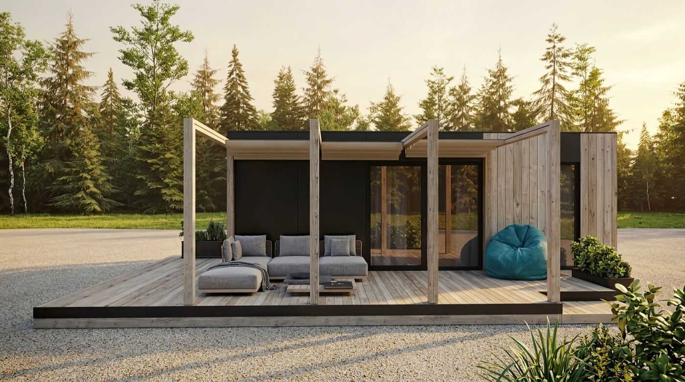 Denní 3D vizualizace moderního mobilního domu s dřevěným obložením, velkou prosklenou stěnou a terasou v prosvětleném lese.