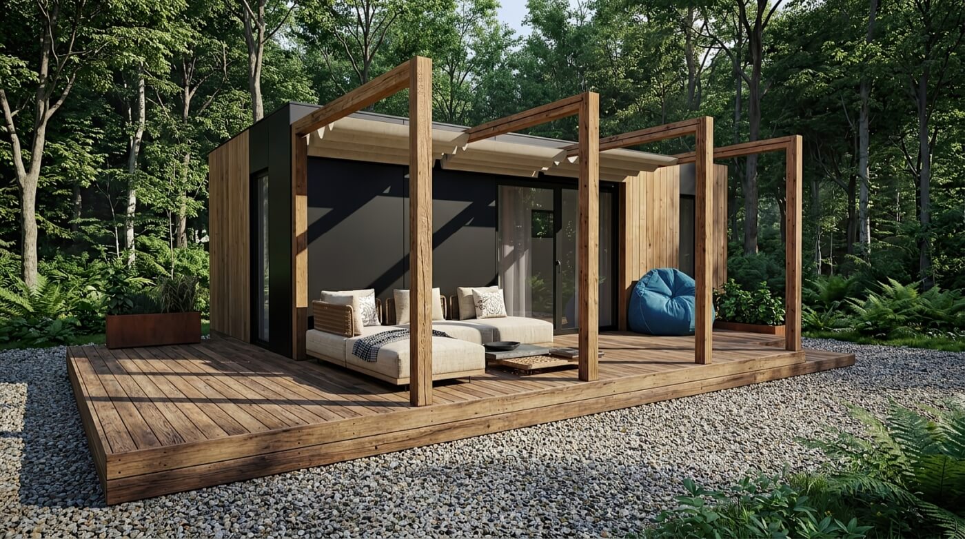 Detailní 3D vizualizace exteriéru mobilního domu s vertikálním dřevěným obkladem, černými rámy oken a detailem terasy v lese.