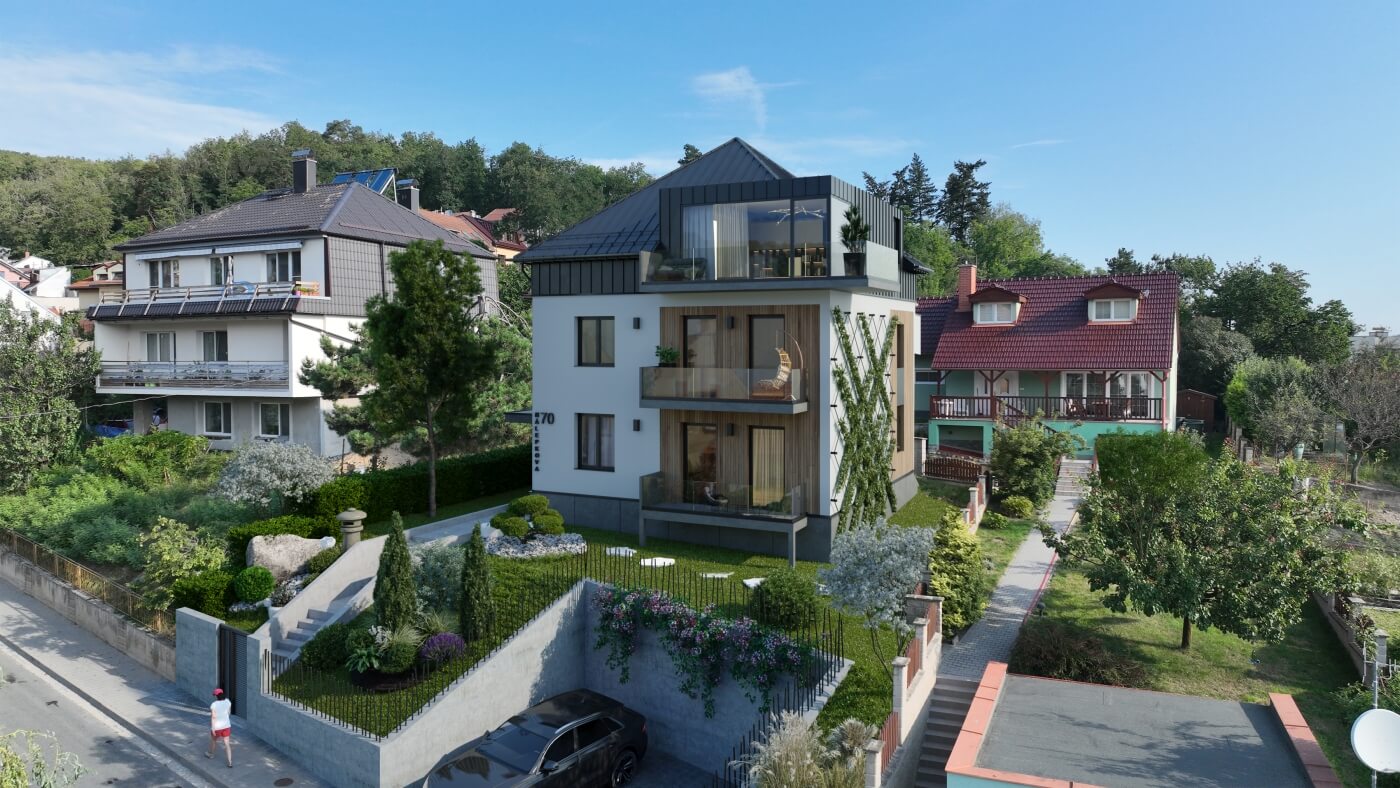 3D vizualizace navrhovaného stavu moderního rodinného domu se dvěma štíty, dřevěným obkladem a prosklenou terasou v rozkvetlé zahradě.