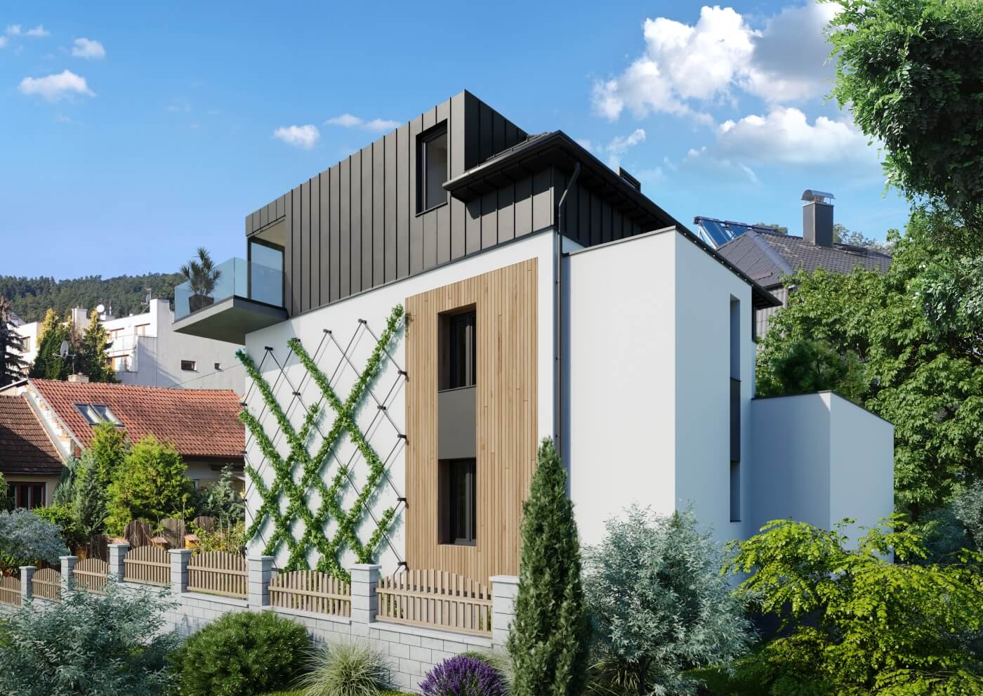 Detailní 3D vizualizace fasády moderního domu s dřevěným obkladem, kamenným chodníkem a okrasnou výsadbou.