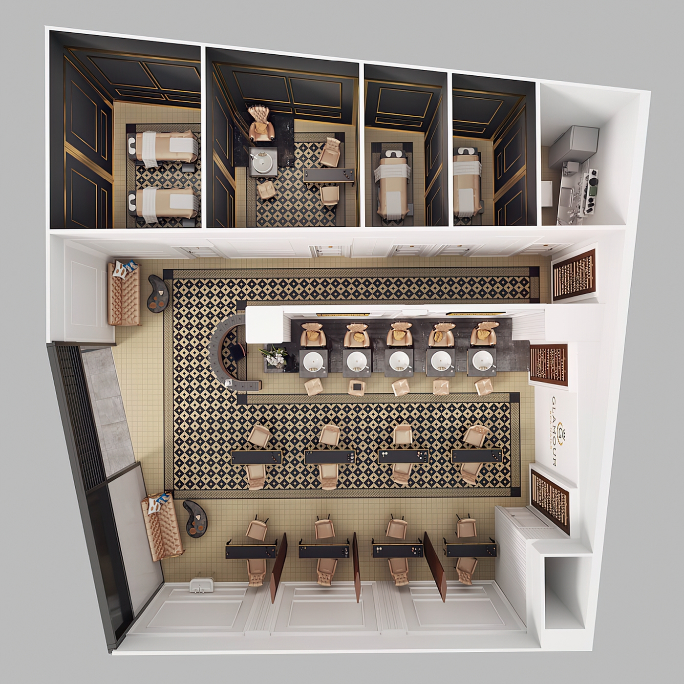 3D půdorys nehtového studia z nadhledu s detailním rozložením nábytku, pracovních zón, recepce a čekárny v moderním stylu.