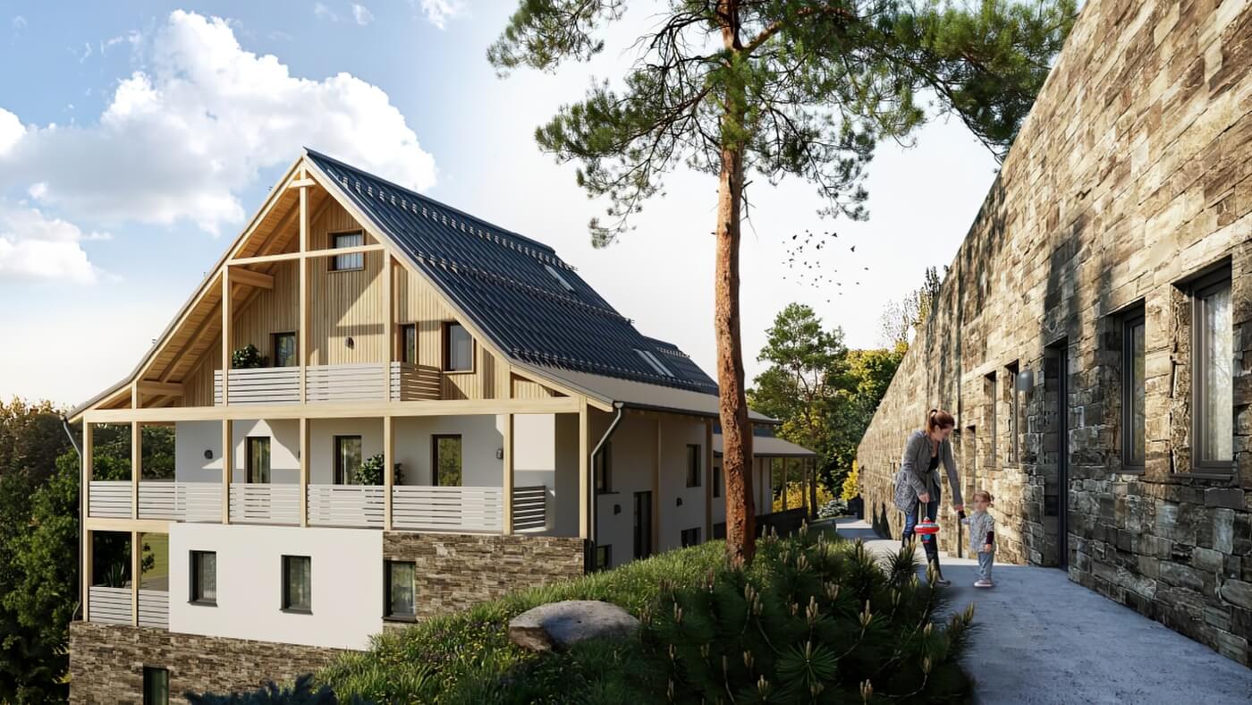 3D vizualizace dlážděného chodníku vedoucího k modernímu horskému hotelu uprostřed zelené louky s kvítím za slunného dne.