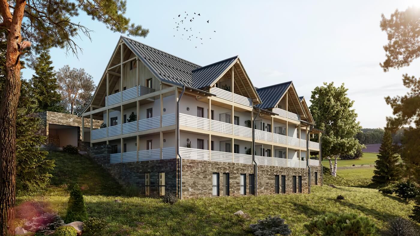 3D vizualizace moderního horského hotelu s šikmou střechou v letní krajině, obklopeného vysokou trávou a rozkvetlou loukou.