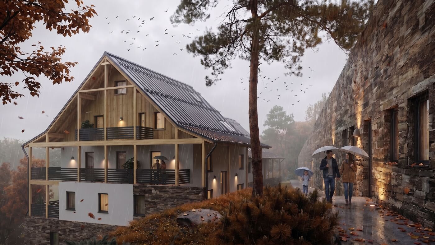 3D vizualizace moderního horského hotelu v dešti s lidmi procházejícími se po cestě v podzimním lese.
