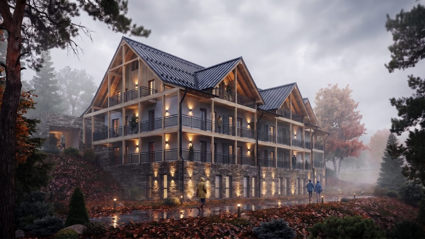 3D vizualizace moderního horského hotelu v dešti s odrazy na mokré cestě a mlhou zahaleným podzimním lesem v pozadí.