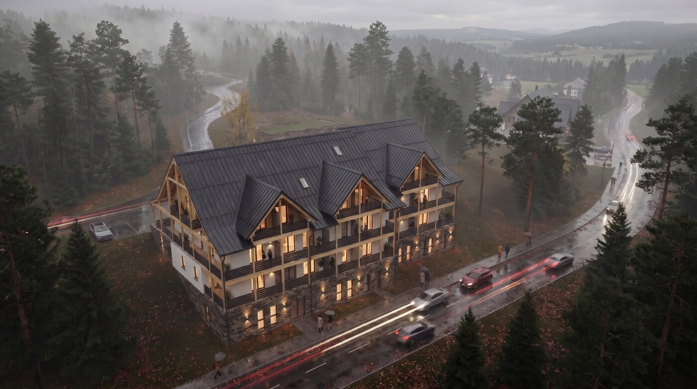 Letecká 3D vizualizace horského hotelu v podzimní krajině během deště, s mlhou v údolí a okolními lesy v barvách podzimu.