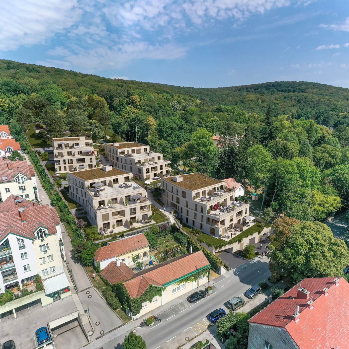 Denní 3D vizualizace bytového domu v městském bloku za slunného počasí se zákresem do reálného okolí.