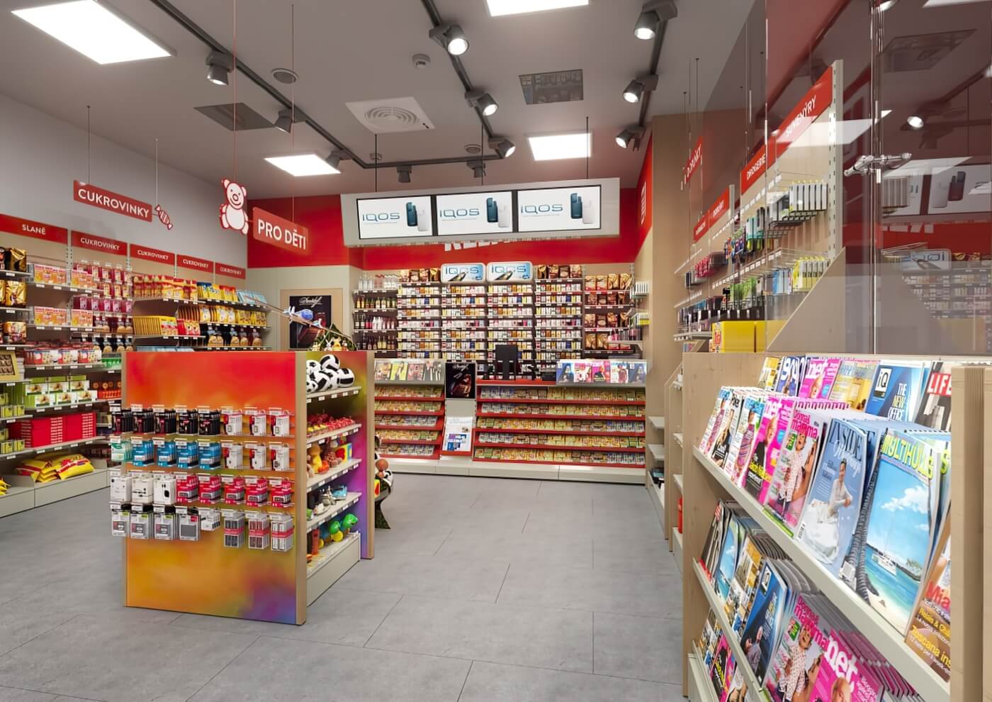 3D vizualizace regálu s časopisy a knihami v moderním obchodě s minimalistickým designem a integrovaným LED podsvícením polic.