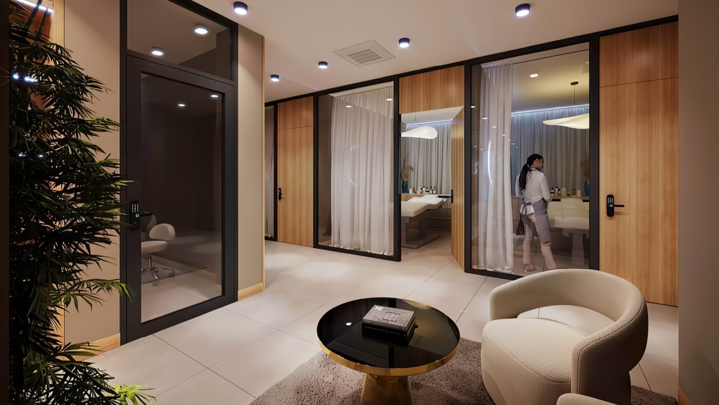 3D vizualizace luxusního salonu krásy s recepcí, manikérskými stolky a dekorativní mechovou stěnou.