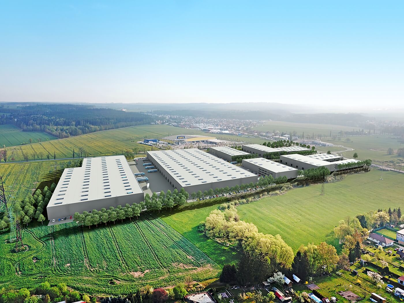 Letecký 3D zákres logistického komplexu hal zasazeného do zalesněné krajiny během podvečera s viditelnou infrastrukturou a okolní přírodou.