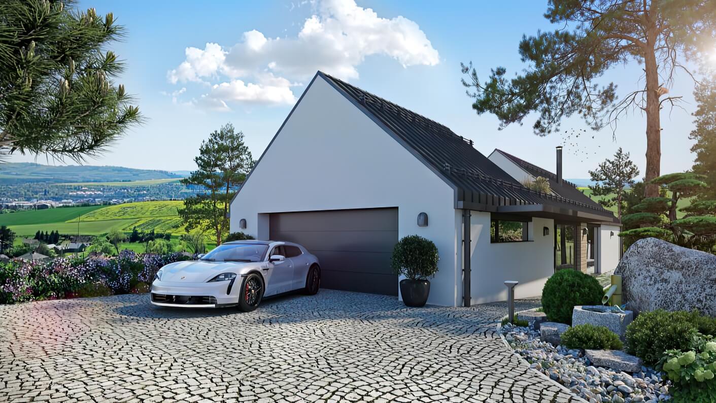 3D vizualizace příjezdové cesty k moderní vile s bílou fasádou, dřevěným podhledem a zaparkovaným vozem Porsche.