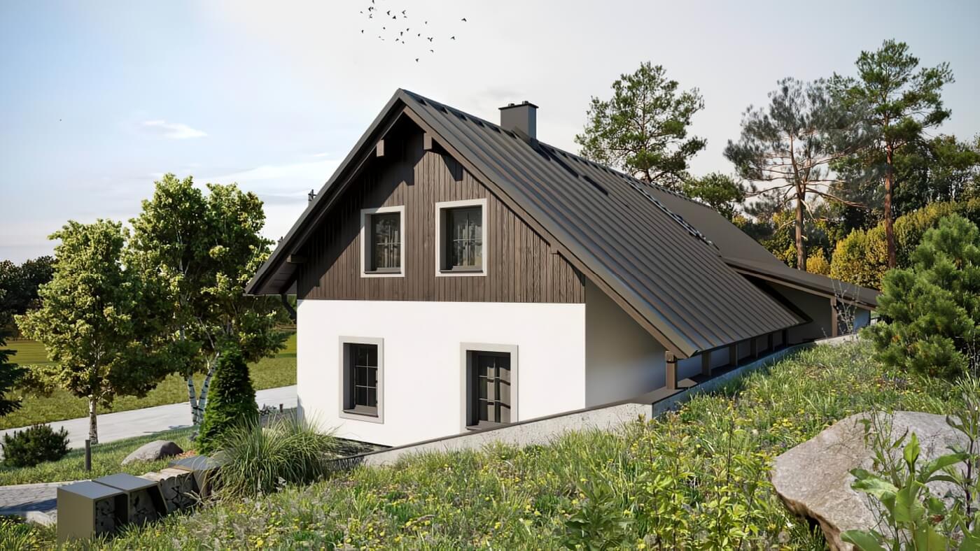 3D vizualizace moderního rodinného domu ve svahu se zahradou, kamennou zídkou a zaparkovaným autem v letní krajině.