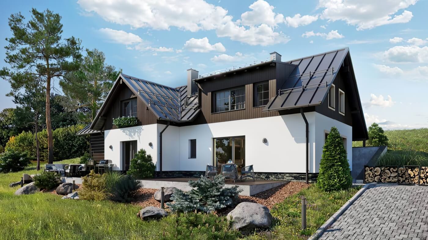 3D vizualizace moderního rodinného domu v letním období s prostornou terasou, venkovním posezením a upravenou zahradou.