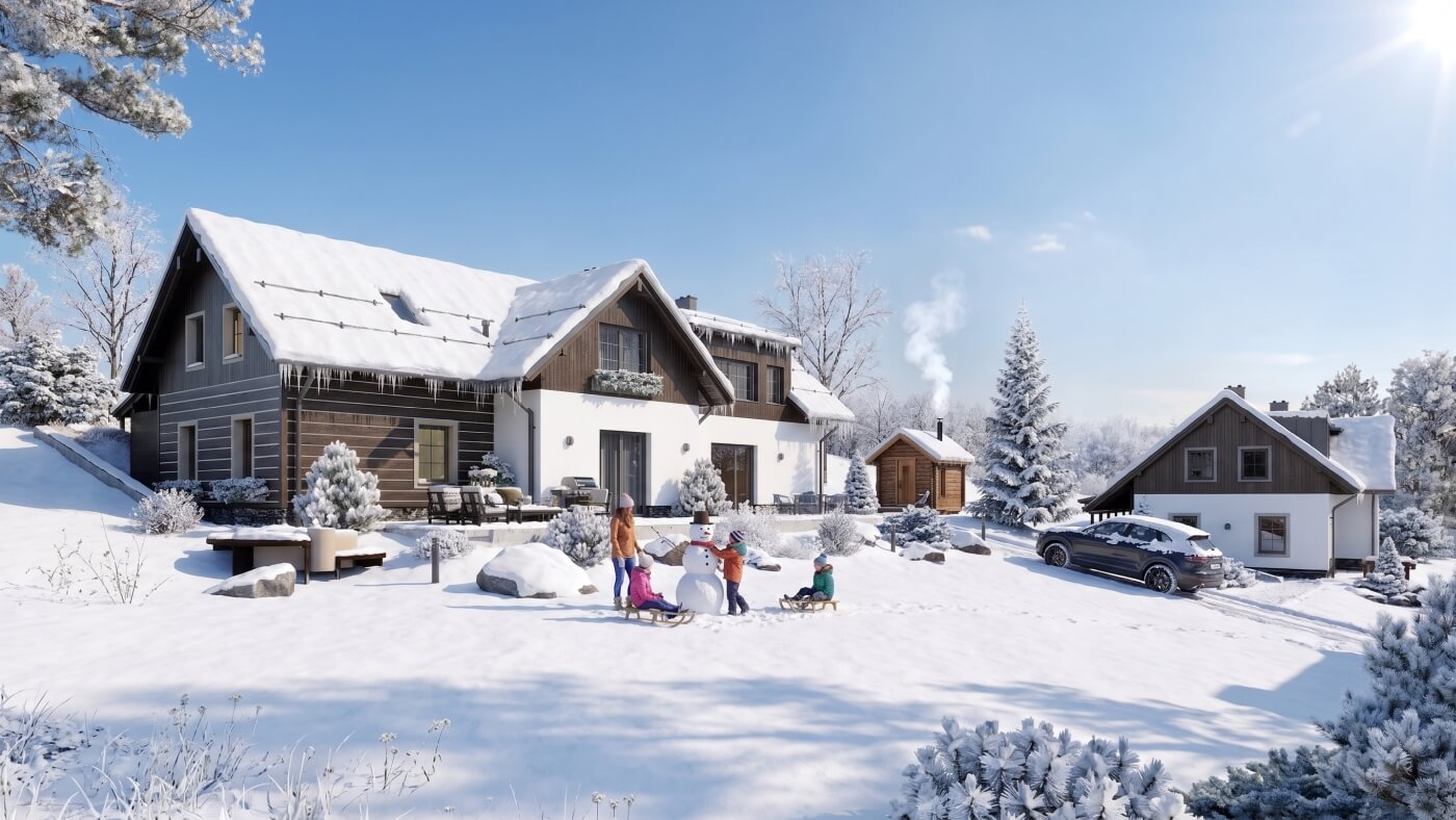 3D vizualizace moderního rodinného domu v zasněžené zahradě se samostatnou venkovní saunou a hrajícími si dětmi.