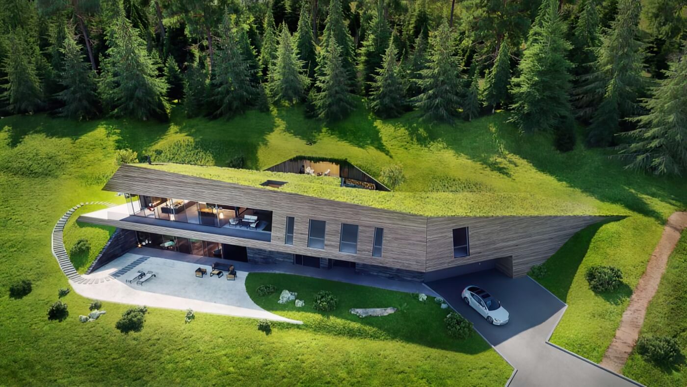 3D vizualizace moderní bílé vily zasazené do svažitého terénu na okraji lesa s terasami orientovanými do údolí.