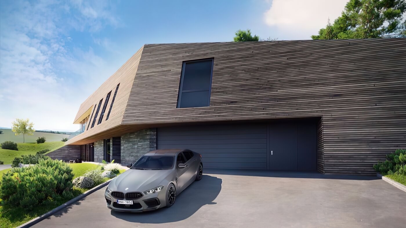 3D vizualizace příjezdové cesty k moderní bílé vile s luxusním SUV zaparkovaným před garáží a bohatou okolní zelení.