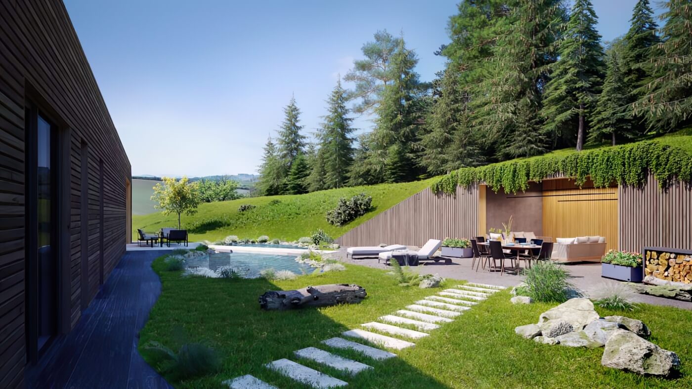 3D vizualizace luxusní moderní vily s velkou dřevěnou terasou, venkovním krytým posezením a okrasným jezírkem obklopeným bohatou zahradou.