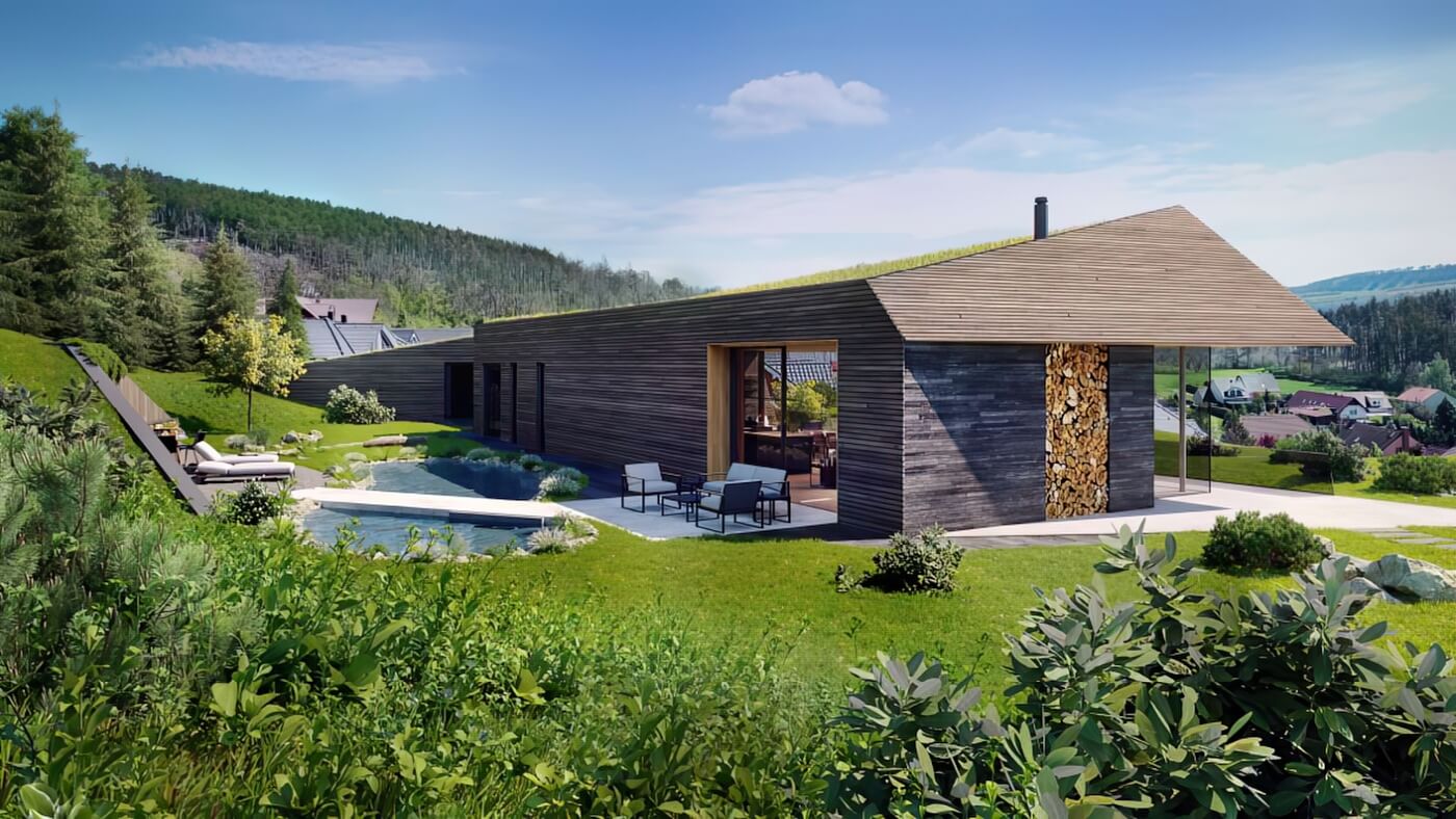 3D vizualizace moderní vily s dřevěnou terasou, venkovním posezením, okrasným jezírkem a bujnou zahradní vegetací.