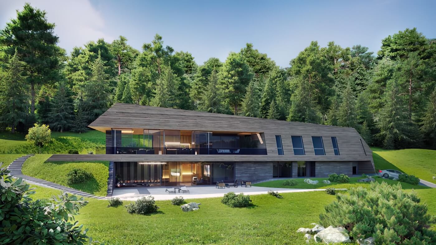 3D vizualizace moderní bílé vily s plochou střechou a prosklenými stěnami, obklopené hustou zahradou a stromy pod jasnou oblohou.