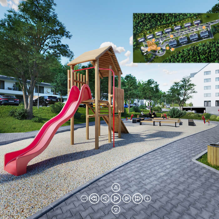 Virtuální prohlídka okolí developerského projektu – dětské hřiště s klouzačkou a bytovými domy