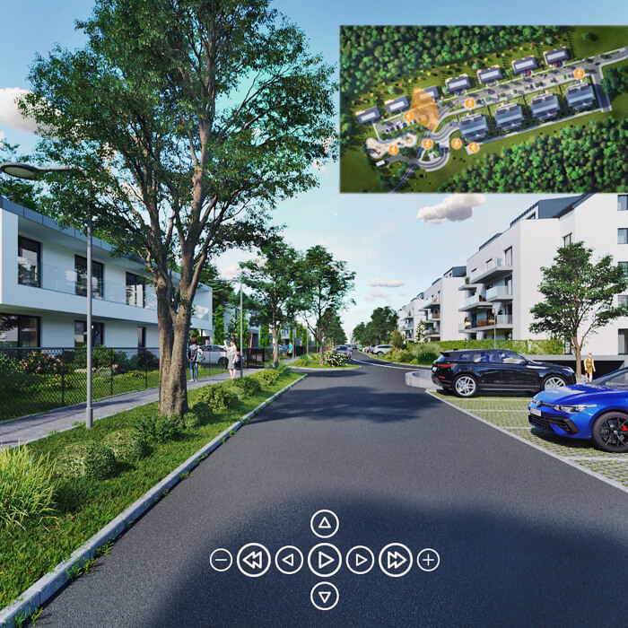 Exteriérová virtuální prohlídka bytového komplexu – pohled na ulici s parkovištěm a zelení