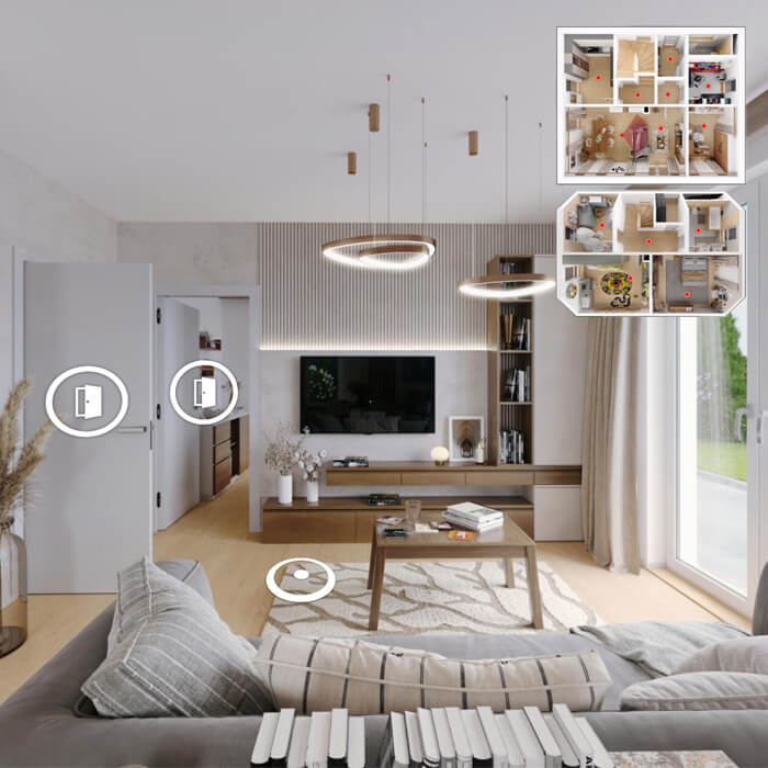 Interaktivní virtuální prohlídka bytu – obývací pokoj s navigační mini-mapou a půdorysem