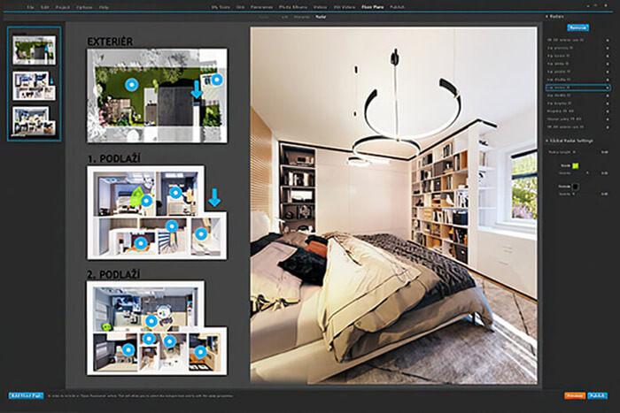Ukázka tvorby virtuální prohlídky nemovitosti – software s půdorysem a panoramatickým pohledem do ložnice