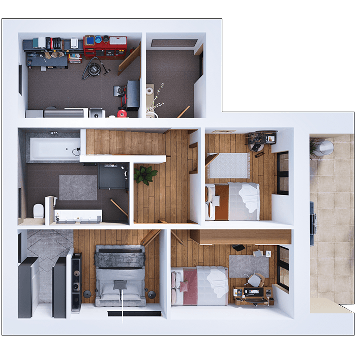 3D půdorys horního patra rodinného domu – ložnice, dětský pokoj a koupelna