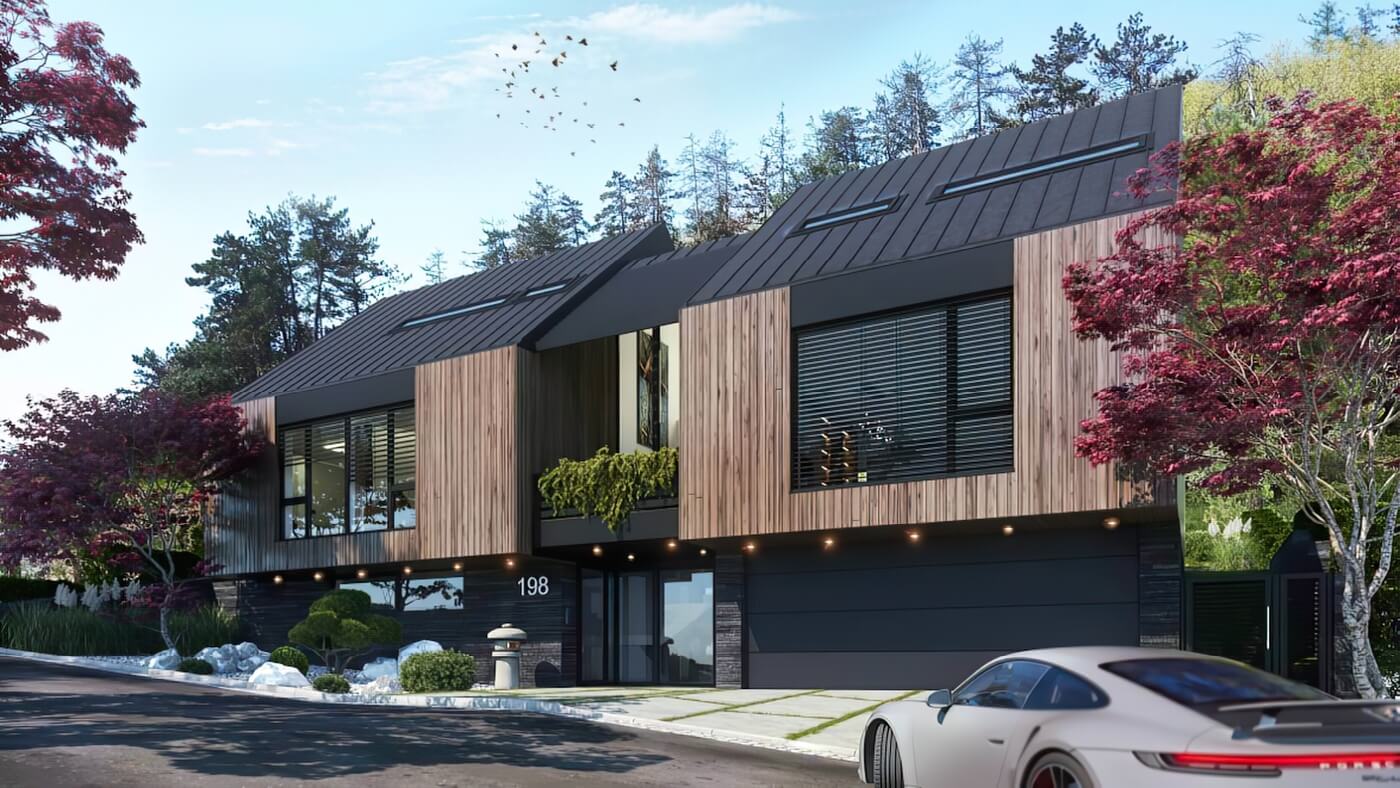Exteriérová 3D vizualizace moderní vily s kombinací dřevěné fasády a tmavého plechového opláštění v lesnatém terénu.
