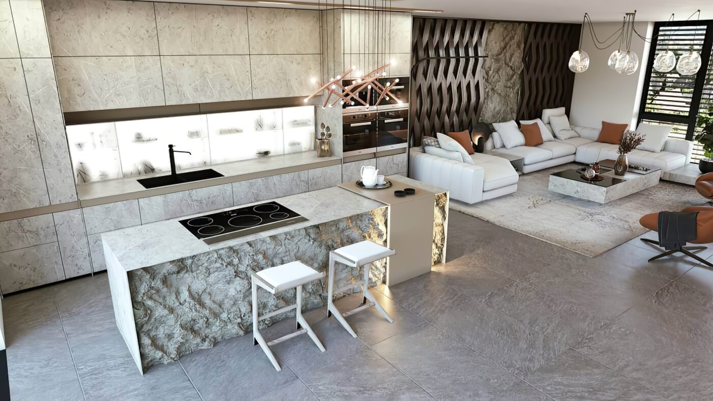 3D vizualizace luxusního otevřeného interiéru kombinujícího kamennou kuchyni s obývacím pokojem.