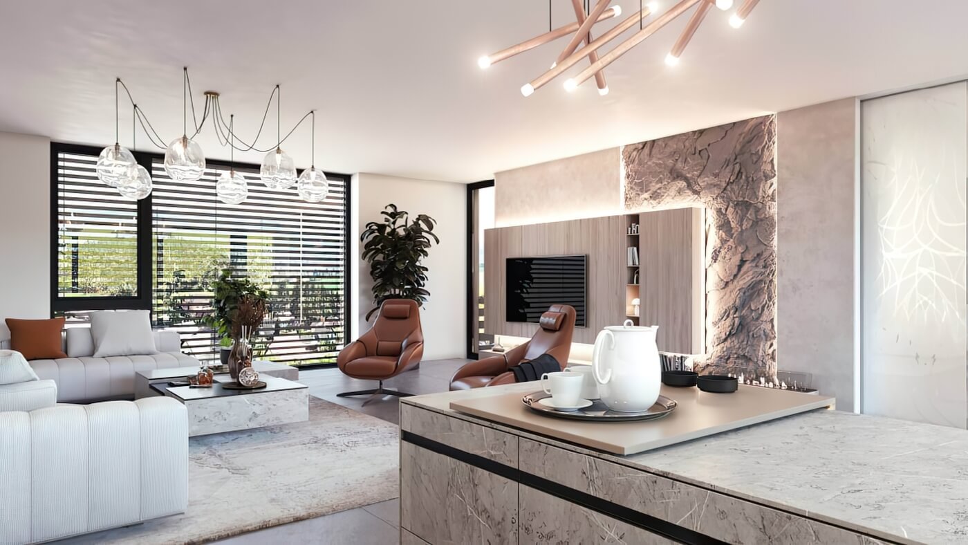 3D vizualizace luxusního obývacího pokoje s TV stěnou, kamenným dekorem, koženými křesly a výhledem do zahrady.