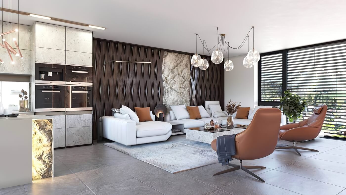 Luxusní 3D vizualizace otevřeného obývacího pokoje s kuchyní, kamenným obkladem a designovým osvětlením.