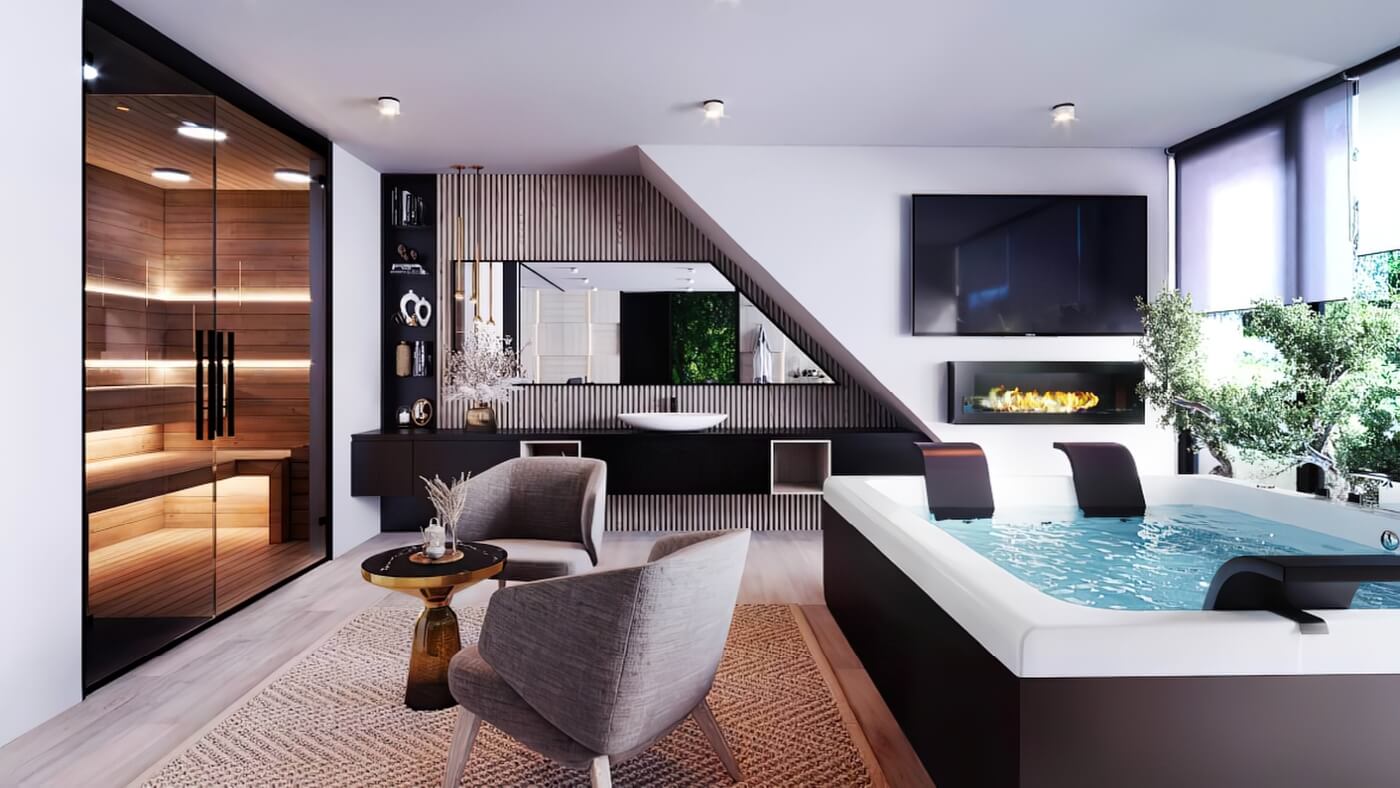 3D vizualizace luxusního domácího wellness se saunou, vířivkou, krbem a relaxační zónou.